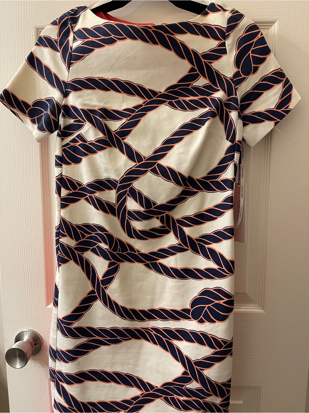Anthropologie Cream Dress with Navy and Coral Rope Print